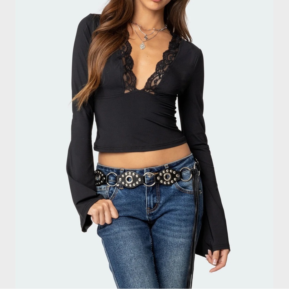 Edikted Black Lace V-Neck Blouse
